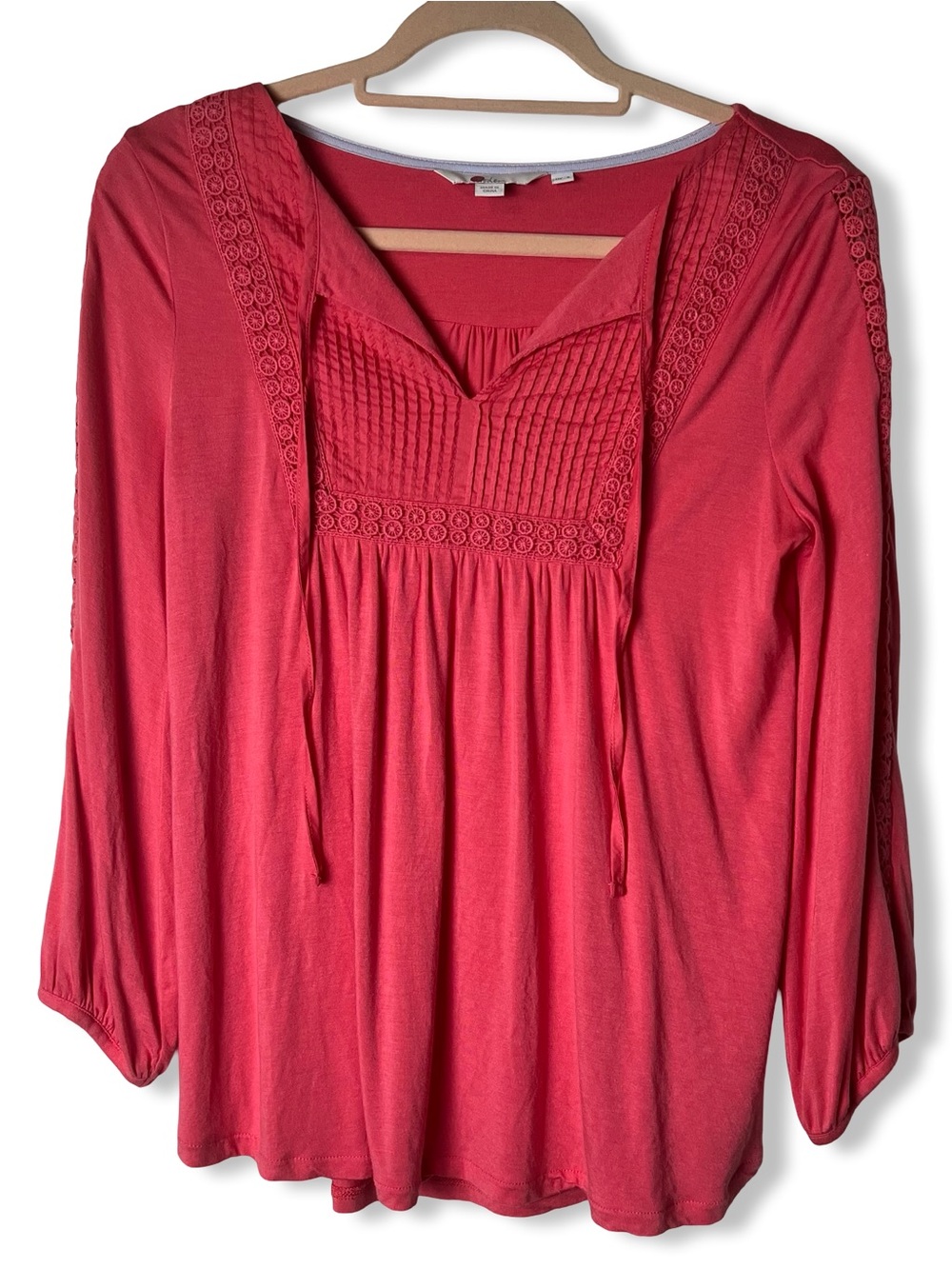 Boden Coral Pink Pintuck Crochet Trim Peasant Top Long Sleeve Boho Sz. US 2/UK 6